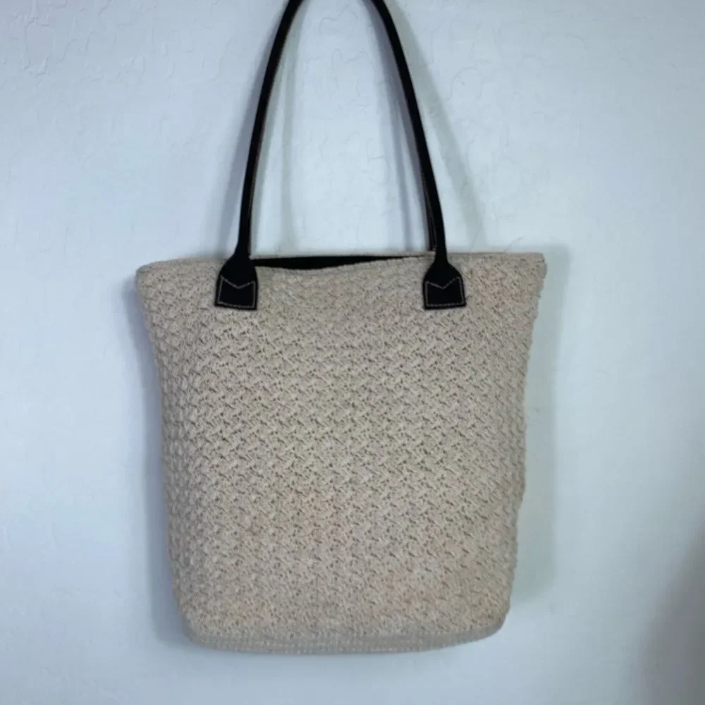 Chic Beige Tote Bag with Brown handles crochet